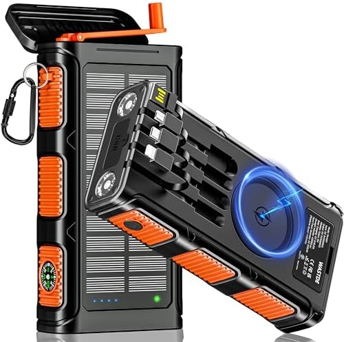 26800mAh Power Bank Solar Inalámbrico con Manivela y 4 Cables, Carga Rápida