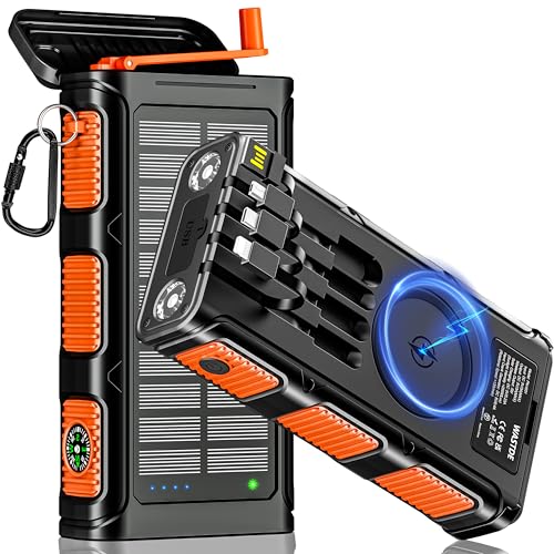 26800mAh Power Bank Solar Inalámbrico con Manivela y 4 Cables, Carga Rápida