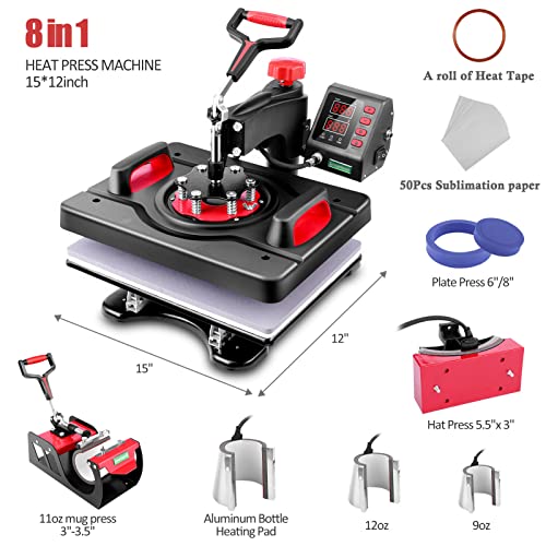 Heat Press 8 in 1, Pro Heat Transfer Machine 12"X15", Digital 360