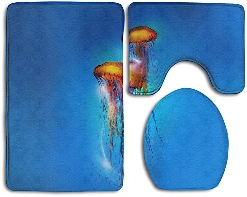 Huayaa Bathroom Non-Skid Carpet Bath Rugs 3 Pieces Set Water-Absorbing Jellyfish Medusa Flannel Toilet Floor Bath Mats Contour Rug Lid Cover