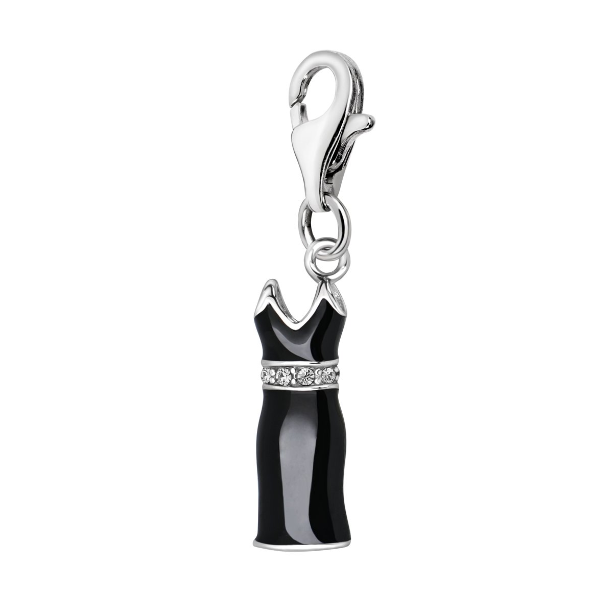 Quiges 925 Sterling Silver White Cubic Zirconia and Black Enamel 3D Dress Lobster Clasp Charm Clip on Pendant