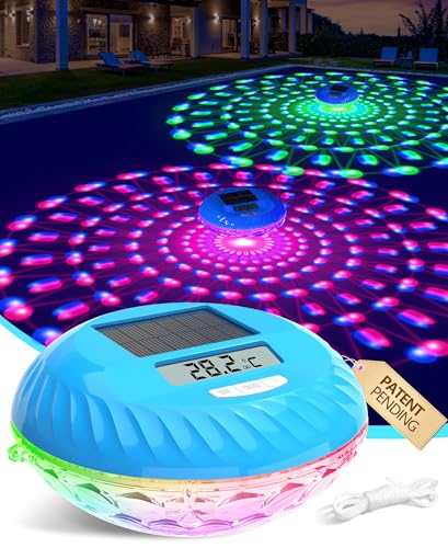 LuxBlue 2 in 1 Solar Pool Thermometer and Pool Lamp, Floating Pool Thermometer with Colourful Underwater Light Show, IP68 Ultra-Accurate Digital Swimming Pool Thermometers, Easy to Read