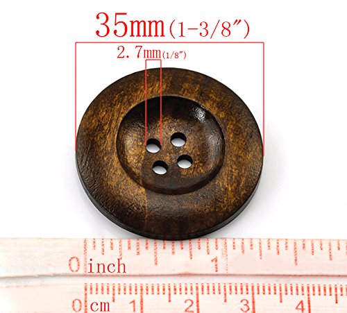 HOUSWEETY 20PCs Dark Coffee 4 Holes Round Wood Sewing Buttons 35mm(1 3/8") Dia.
