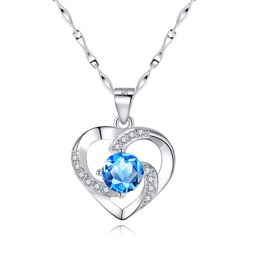 wynn's Silver Necklace for Women, 925 Sterling Silver Heart Necklace, 45cm Love Heart Necklace Pendant Set with Blue Cubic Zirconia, Gift for Lady Girlfriend Mother Wife — image 1