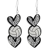 Acrylic Sports Ball Heart Shaped Dangle Drop Earrings for Women Cute Football Basketball Volleyball Baseball Softball Leopard Print Love Shape Earrings Sport Game Day Jewelry Gift