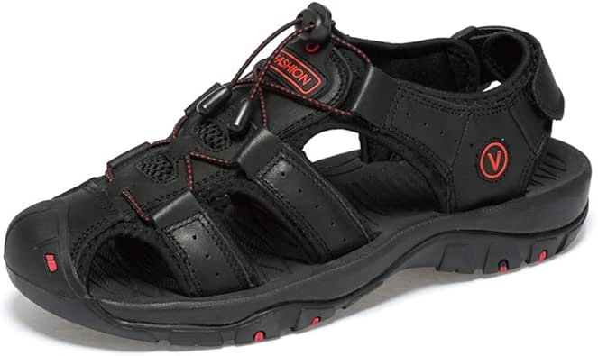 Amazon.com | LKING Men Sandals Outdoor Leather Closed Toe Hiking Casual Sandals Black | Sandals