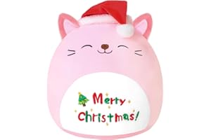 SQEQE Cat Stuffed Animal Christmas Pink Cat Plush Wearing Red Hat Cute Stuffed Toys Soft Home Plushie Decoration Gifts for Bo
