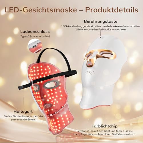 ONLUKY LED Face Mask Anti-Ageing, Rechargeable Red Light Therapy Mask Face with Infrared, USB-C Charging, 120 LED Beads, No Power Cable for Home, Travel and Yoga (Including Neck Attachment), Gold