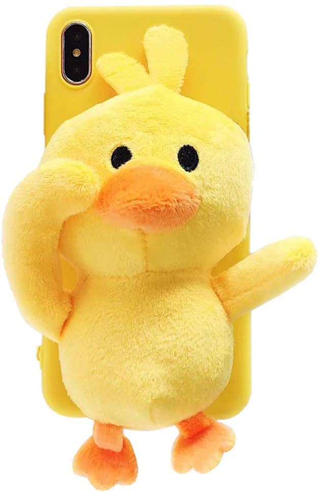 UnnFiko Cartoon Doll Toy Duck iPhone 13 Case, Fluffy 3D Cute Plush Fur Animal Soft Cover with Bracket Stand Compatible with iPhone 6s Case (Dancing Duck, iPhone 13)
