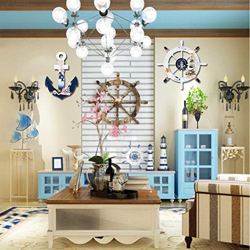 Meching-2-Pack-11-Nautical-Decor-Beach-Wooden-Ship-Wheel-and-Wood-Anchor-with-Rope-Nautical-Boat-Steering-Rudder-Wall-Decor-Door-Hanging-Ornament-Beach-Theme-Home-DecorationBlue Meching 2 Pack 11" Nautical Decor Beach Wooden Ship Wheel and Wood Anchor with Rope Nautical Boat Steering Rudder Wall Decor Door Hanging Ornament Beach Theme Home Decoration(Blue)