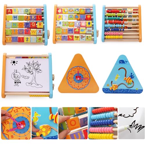 AM ANNA Activity Centre Triangle Toys, 5 in 1 Wooden Cube for Toddlers With Flop Alphabet Blocks, Abacus Clock - Montessori Learning Toys for Babies