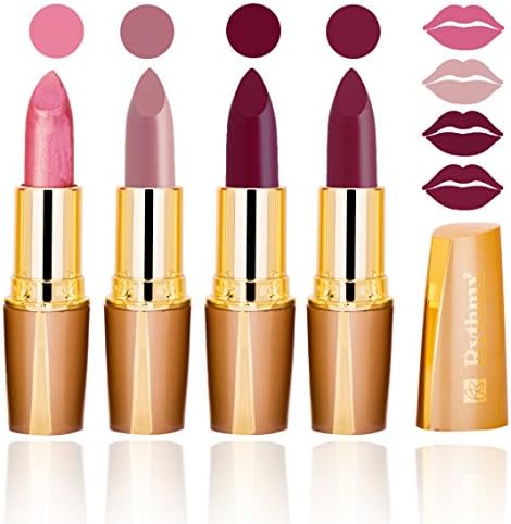 RythmX Creme Matte Lipsticks Combo Set of 4 Lip Colors - Light Pink, Peach Purple, Wine and Raspberry
