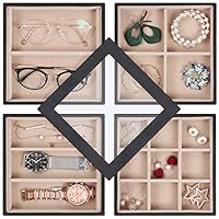 Valdler 4 Stackable Jewelry Organizer Tray with Clear Glass Lid Showcase Display Storage