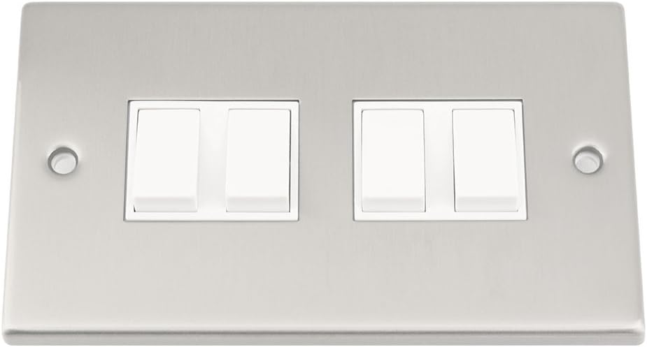 Light Switch 4 Gang - Satin Matt Chrome - Square - White Insert Plastic Switch - 10 Amp Quad 4 Gang 2 Way
