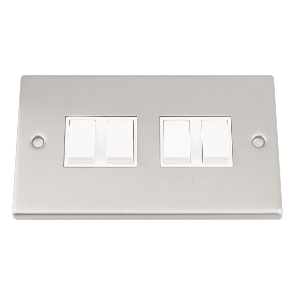 Light Switch 4 Gang - Satin Matt Chrome - Square - White Insert Plastic Switch - 10 Amp Quad 4 Gang 2 Way