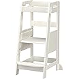 TOETOL Bamboo Toddler Learning Step Stool 3 Height Adjustable Kitchen Counter Standing and Bathroom Sink Tower Helper Stool for Kids with Anti-Slip Protection(Ivory White)