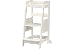 TOETOL Bamboo Toddler Learning Step Stool 3 Height Adjustable Kitchen Counter Standing and Bathroom Sink Tower Helper Stool for Kids with Anti-Slip Protection(Ivory White)