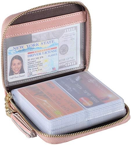 Womens Genuine Leather Zip Credit Card Holder Wallet RFID Blocking 40 Card Slots (OilLightpink)
