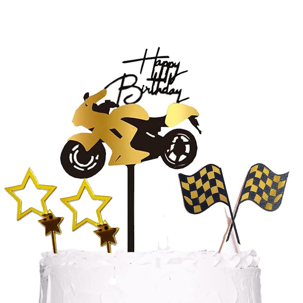 MiaLover Pack of 6 Birthday Cake Toppers, Motorcycle & Car Cake Toppers, Acrylic, Glitter Star Banner, Cake Decoration for Men & Boys' Birthday Parties
