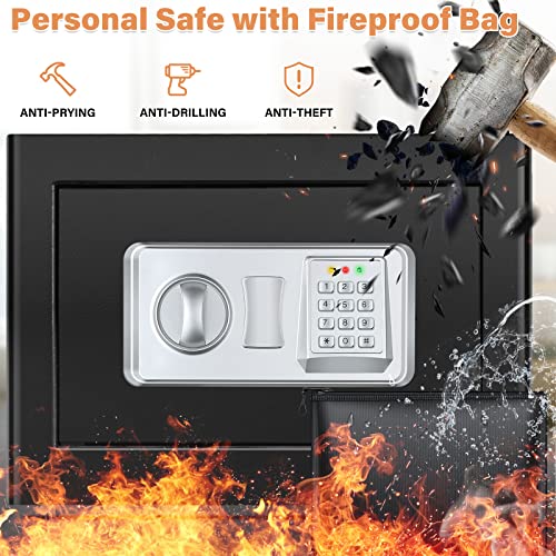 Mejasg Fireproof Safe with Fireproof Money Bag, Small Electric Safe with Removable Shelf and Alarm Mode, Wall Mounted Cash Safe for Jewellery Money Documents Medicines
