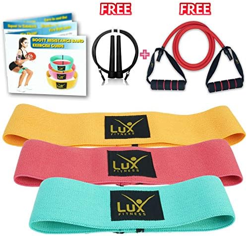 Lux Fitness Booty Resistance Bands Loop Hip Exercise Workout – Set of 3 Stretchable Elastic Thick Loop Bands for Butt, Leg and Thigh, for Men, Women, Free Tube Resistance Band + Jumprope