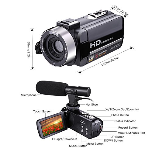 Camcorder Video Camera Full HD 1080p 30fps 24.0MP Camcorders With External Microphone Night Vision Camera Webcam 3” Touchscreen Digital Camcorder