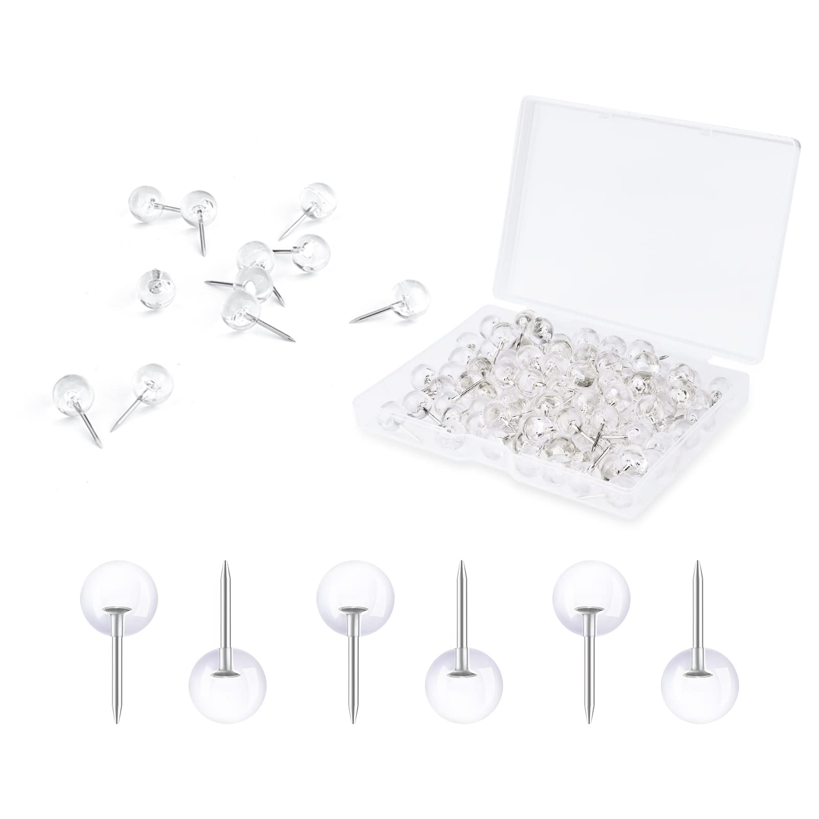 AIEX 100pcs Clear Round Push Pins, Silver Ball Push Pins with Storage Box Round Thumb Tacks Bulk for Daily Study Office Data Storage Organizing Files