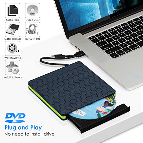 Kingbox External DVD Drive, USB 3.0 Type-C Portable CD/DVD /-RW Optical Drive Slim DVD/CD ROM Burner Writer High Speed Data Transfer Compatible with Laptop Desktop PC Windows Linux Apple Mac OS (Blue)