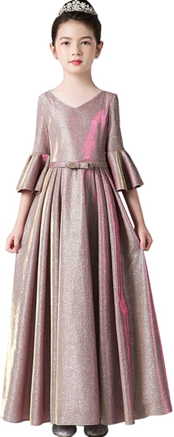 Amazon ピアノ発表会 ドレス ロング丈 ファスナー 中学生 発表 会 ワンピース Vネック スピーカースリーブ キラキラ お姫様 着やせ 上品 エレガント 女の子 フォーマル 結婚式 子供 フォーマル キッズドレス フォーマル 通販
