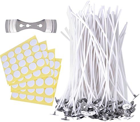 Candle Making Kit 100pcs Candle Wick Pre-waxed Wicks 14.5cm Long with 100pcs Double-sided Candle Wick stickers and 1pcs Metal Wick Holder for DIY Craft Candles
