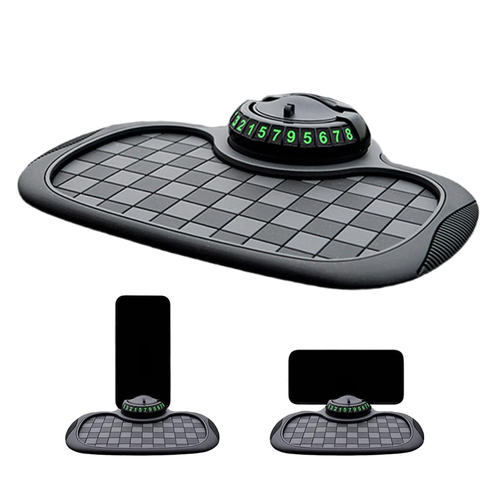 Multifunction Car Anti Slip Mat, 360° Rotatable Phone Holder Dashboard Pad with Temporary Parking Number, Anti Skid Organizer for Phone Sunglasses Keys (Black-Gray Checkered Pattern)