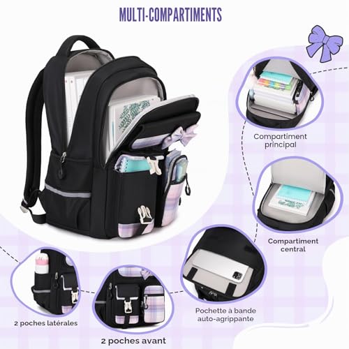 Tanou Girls Primary School Bag, Waterproof Daypack School Backpack for Teens, Kawaii Checked School Bag for Girls 9-16 Years Old for Travel