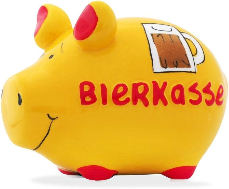 KCG Piggy Bank Beer Cash Money Box Ceramic with Rubber Closure Small Pig 12.5 x 9 x 9 cm, Yellow, Red, Einheitsgröße