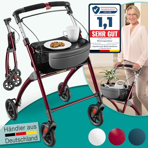 ELONEO Wohnungsrollator 54cm breit, faltbar und leicht, inkl. Tablett & Stoffkorb, Rollator schmal für die Wohnung, Indoor-Rollator, klappbar, Alumini