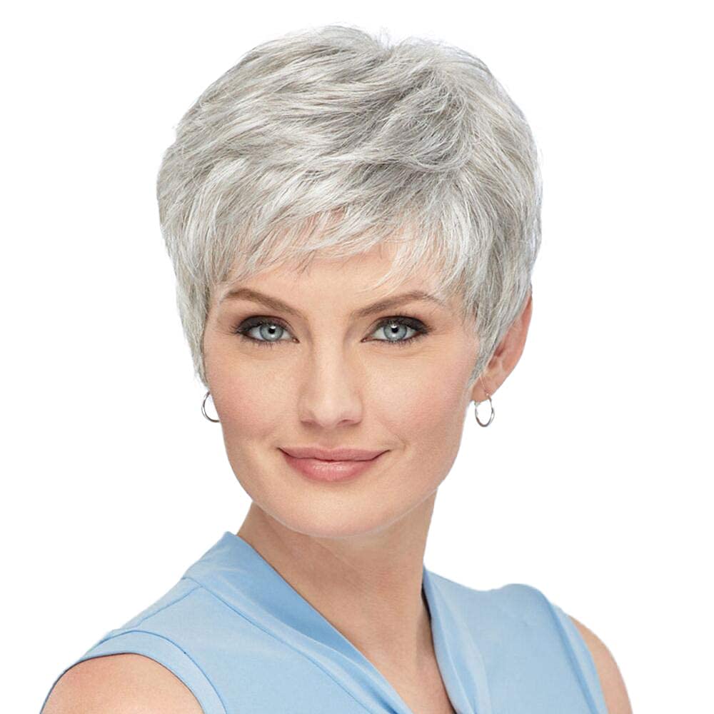 EMMOR Short Silver Grey Human Hair Wigs for Women Blend with Healthy Memory Fiber Pixie Curly Wig With Bang,Natural Daily Use Hair (Color 101#)