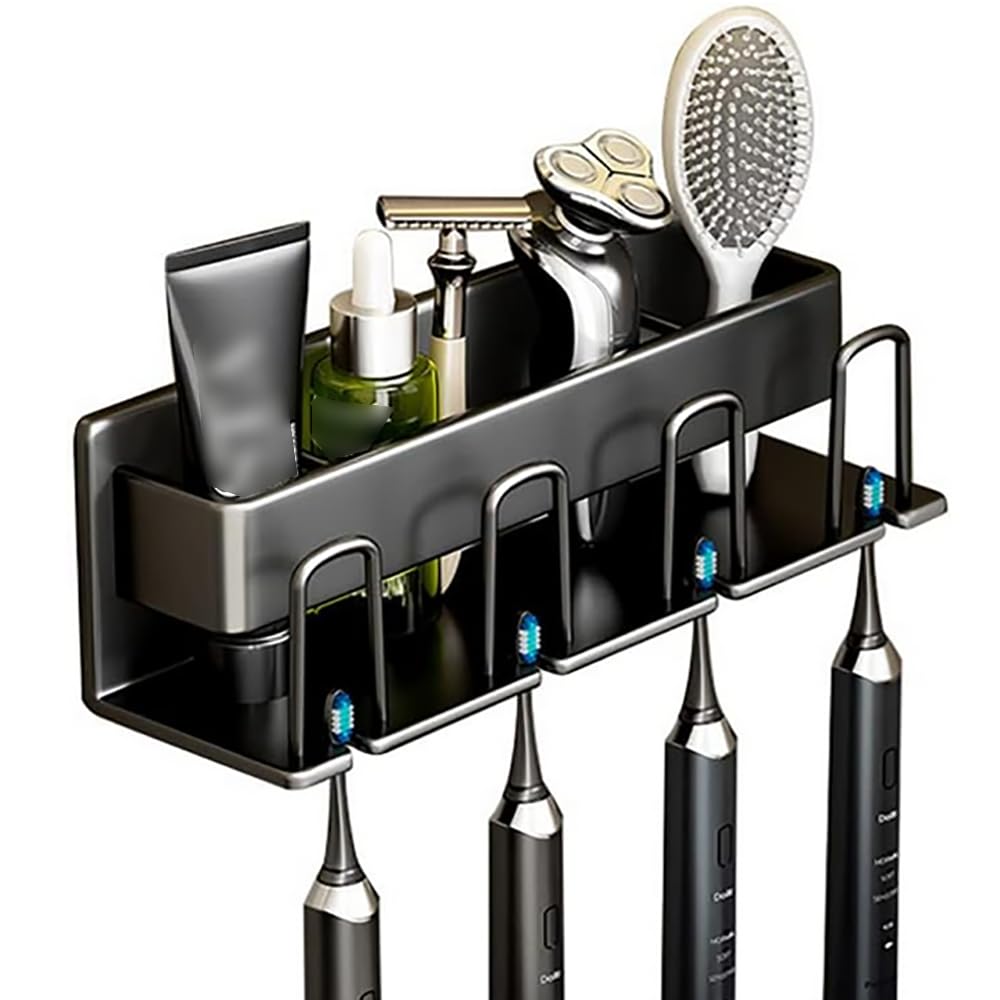 Melairy Toothbrush Holder Wall Mounted No Drilling Toothbrush Holders for Bathroom, Space Aluminum Bathroom Storage Rack with 4 Toothbrush Slots and 4 Hooks for Shower Bathroom or Kitchen-Black