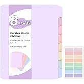 SKYDUE Durable Plastic 8-Tab Dividers, Big Tab Dividers for 3 Ring Binder, Write & Erase 3 Ring Binder Dividers with Tabs, with Sticker Labels, 1 Set, Pastel Color (Purple)