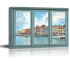 Canvas Wall Art - 3 Frame Window Looking into a Colorful City by The Ocean - Giclee Print Gallery Wrap Modern Home Art Ready to Hang - 24x36 inches