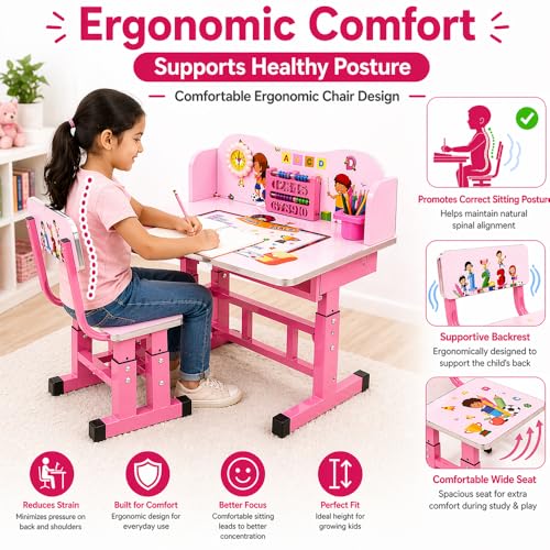 Toshionics Adjustable Kids Study Table & Chair Set | Egonomic Study Desk with Learning Board & Clock, Adjustable Height School Desk with Storage Cup Tiltable Desktop for Kids 3-15 - Pink