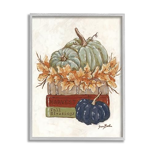 Stupell Industries Fall Blessings Pumpkins Gray Framed Giclee Art Design by Sar…