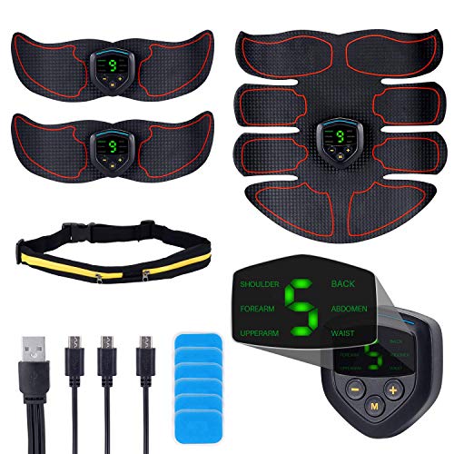 QUNSE ABS Stimulator EMS Muscle Trainer – USB Rechargeable, LCD Display, 6 Modes, 9 intensities Abdominal Toner Belts, with 12p Replacement Gel Pads and Waist Bag-Workout Home Gyms