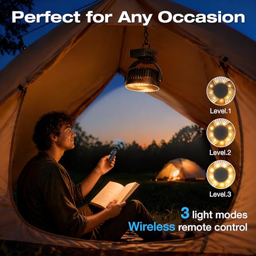 Orvyna USB Rechargeable Portable Fan 12000mAh 4 in 1 Magnetic Clamp Table Fan with Remote 3 Speeds LED Light Timer 360°, Desktop Fan for Car Camping Baby Cart, Black