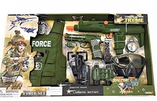 Military Friction Combat Force 10 Piece Boys Toys Playset, Boys Action Playset w/ Friction Gun , Watch , Mask , Army Vest , Tags & Accessories , Kids Military Costume , Army Costume for Kids