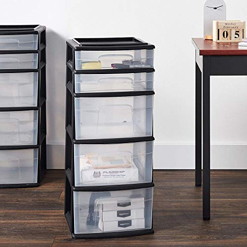 HOMZ Plastic 5 Drawer Medium Storage Tower, Black Frame, Clear Drawers