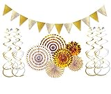 FECEDY Gold Shiny Banner Gold Paper Flower Fan and Swirls Streamer Set for Birthday Wedding Engagement Bridal Shower Baby Shower Bachelorette Holiday Celebration Home Party Decorations