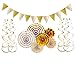 FECEDY Gold Shiny Banner Gold Paper Flower Fan and Swirls Streamer Set for Birthday Wedding Engagement Bridal Shower Baby Shower Bachelorette Holiday Celebration Home Party Decorations