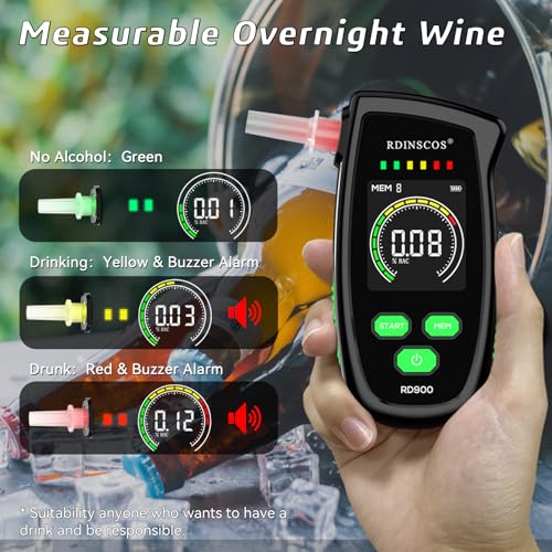 RDINSCOS Rechargeable Breathalyzer Alcohol Tester | Portable BAC Tester, LCD Display, Mouthpieces Included, Personal Use