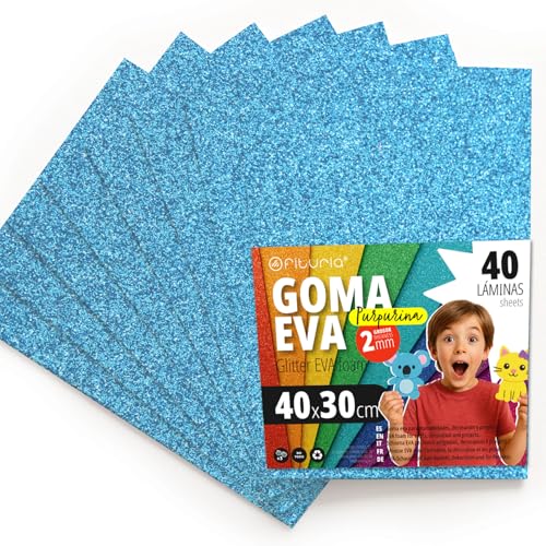 OFITURIA Glitzer-Moosgummi für Bastelarbeiten, Bunter Schaumstoff mit Glitzer für DIY, kreative Projekte, Kunst und Schule 40x30cm (Hellblau, 40 Stk)