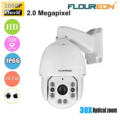 FLOUREON 7" 1080P HD Dome IP Camera 30X ZOOM Waterproof CCTV Surveillance Cam IR-CUT PTZ Outdoor Infrared 120M Night Vision 4.6-138mm with Motion Detection Video Recording (30X ZOOM)