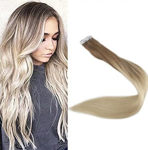 Full Shine 24" Tape in Hair Extensions Blonde Ombre Extensions Human Hair Balayage Hair Color #8 Fading to #60 Plautinum Blonde Remy Brazilian Ombre 100g 40 Pcs Per Package
